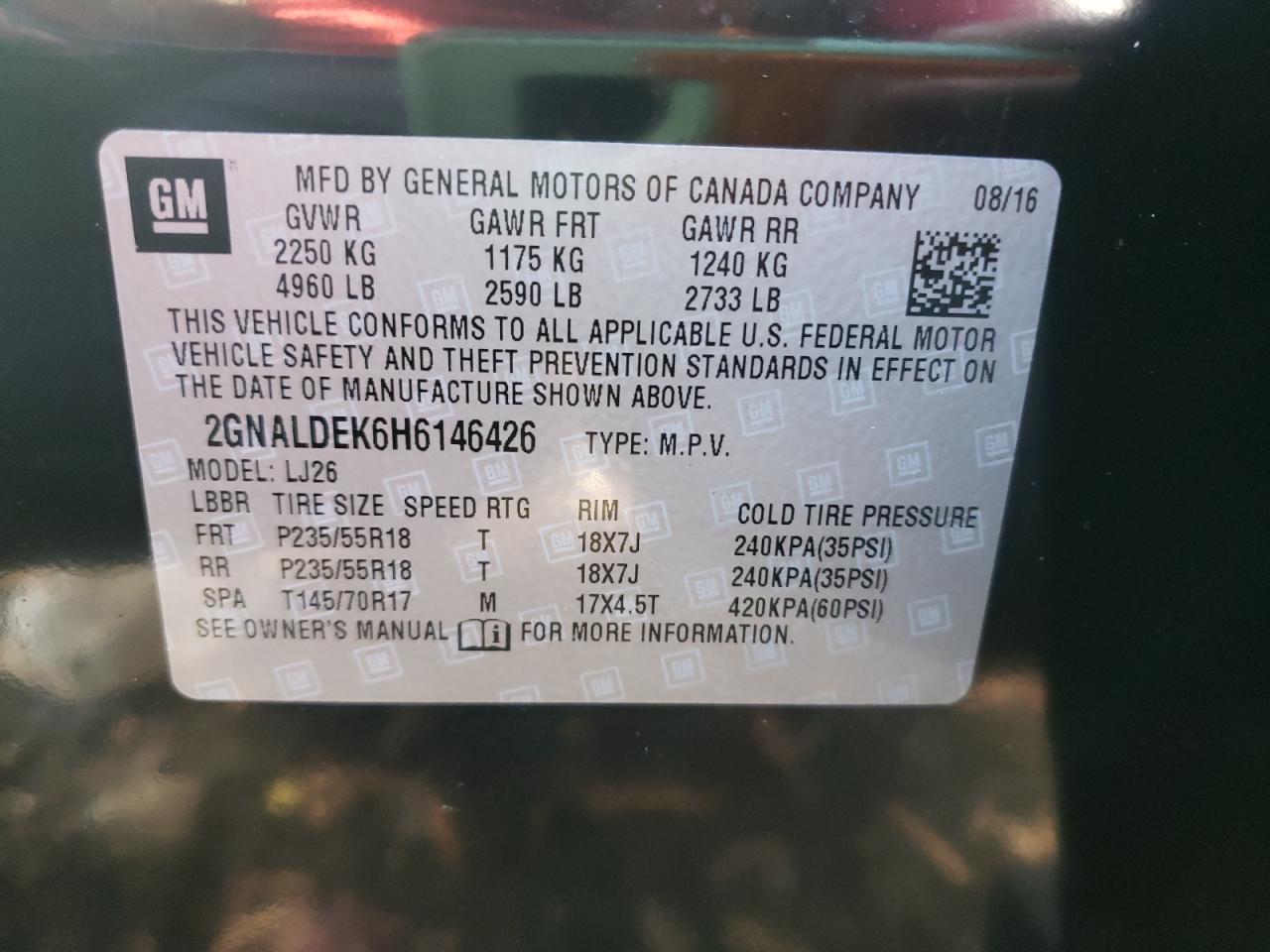 Photo 10 from auction – 2017 CHEVROLET EQUINOX PR with VIN 2GNALDEK6H6146426