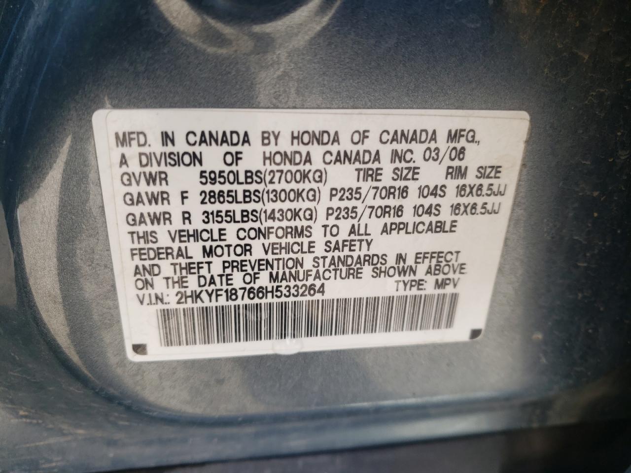 Photo 10 from auction – 2006 HONDA PILOT EX with VIN 2HKYF18766H533264