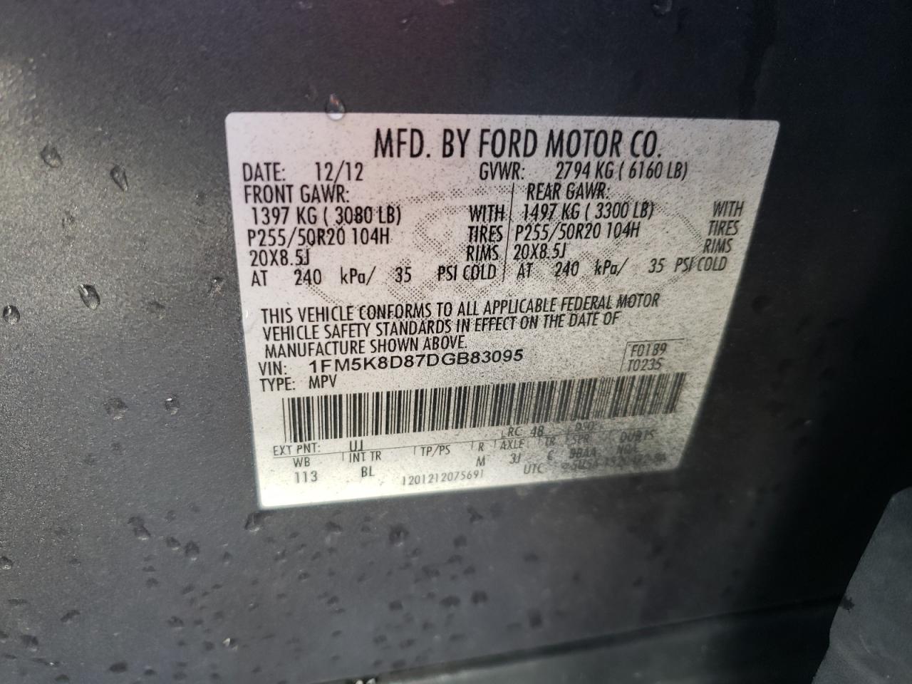 Photo 10 from auction – 2013 FORD EXPLORER X with VIN 1FM5K8D87DGB83095