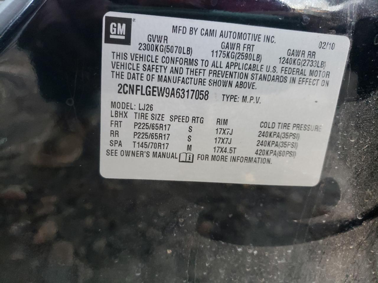 Photo 10 from auction – 2010 CHEVROLET EQUINOX LT with VIN 2CNFLGEW9A6317058