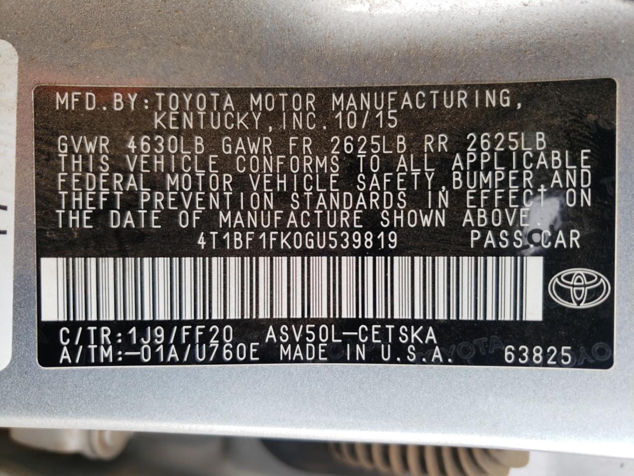 Photo 10 from auction – 2016 TOYOTA CAMRY with VIN 4T1BF1FK0GU539819