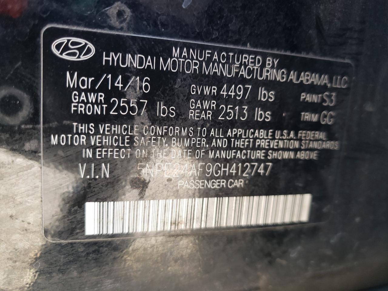 Photo 10 from auction – 2016 HYUNDAI SONATA SE with VIN 5NPE24AF9GH412747