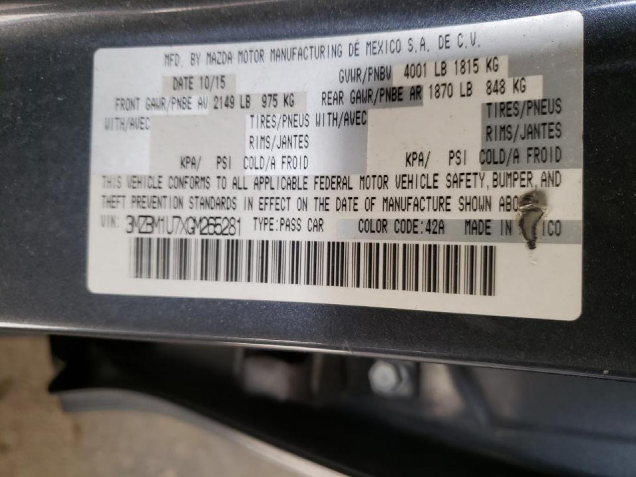 Photo 10 from auction – 2016 MAZDA 3 SPORT with VIN 3MZBM1U7XGM265281