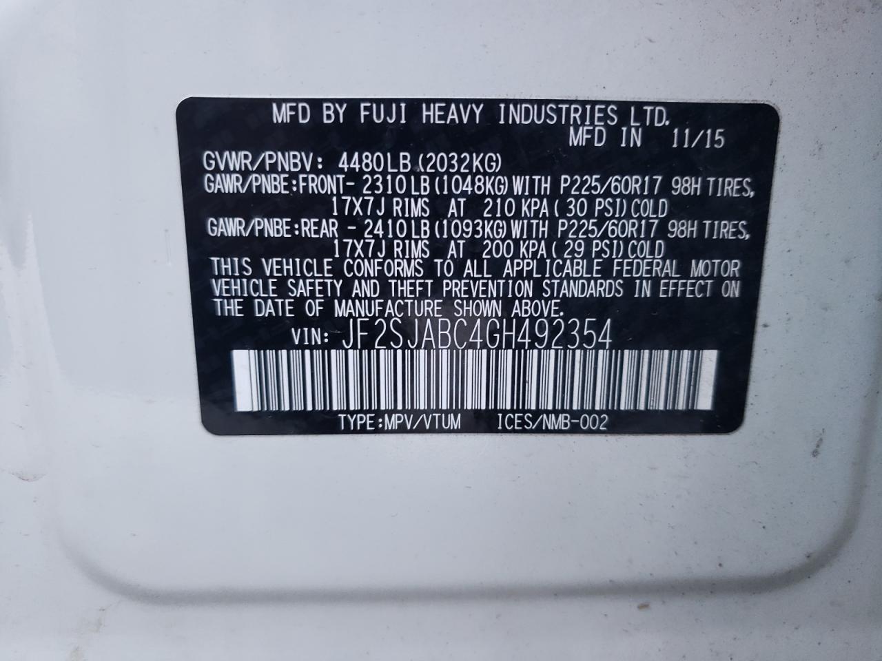 Photo 10 from auction – 2016 SUBARU FORESTER 2 with VIN JF2SJABC4GH492354
