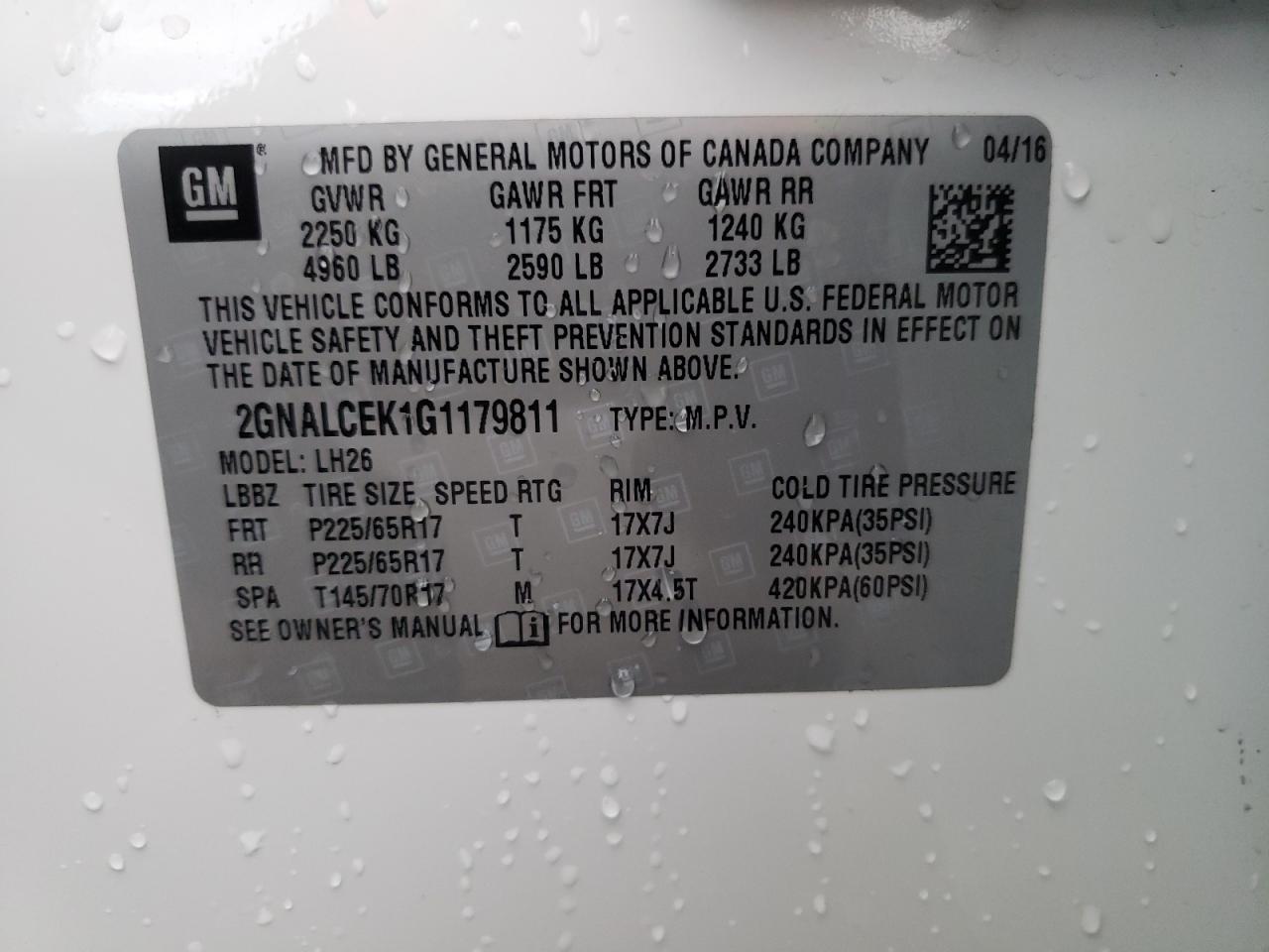 Photo 10 from auction – 2016 CHEVROLET EQUINOX LT with VIN 2GNALCEK1G1179811