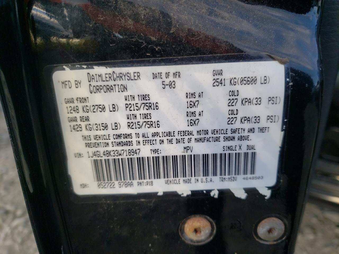 Photo 10 from auction – 2003 JEEP LIBERTY SP with VIN 1J4GL48K33W718947