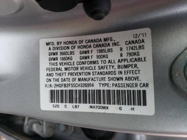 Photo 10 from auction – 2012 HONDA CIVIC LX with VIN 2HGFB2F55CH326994