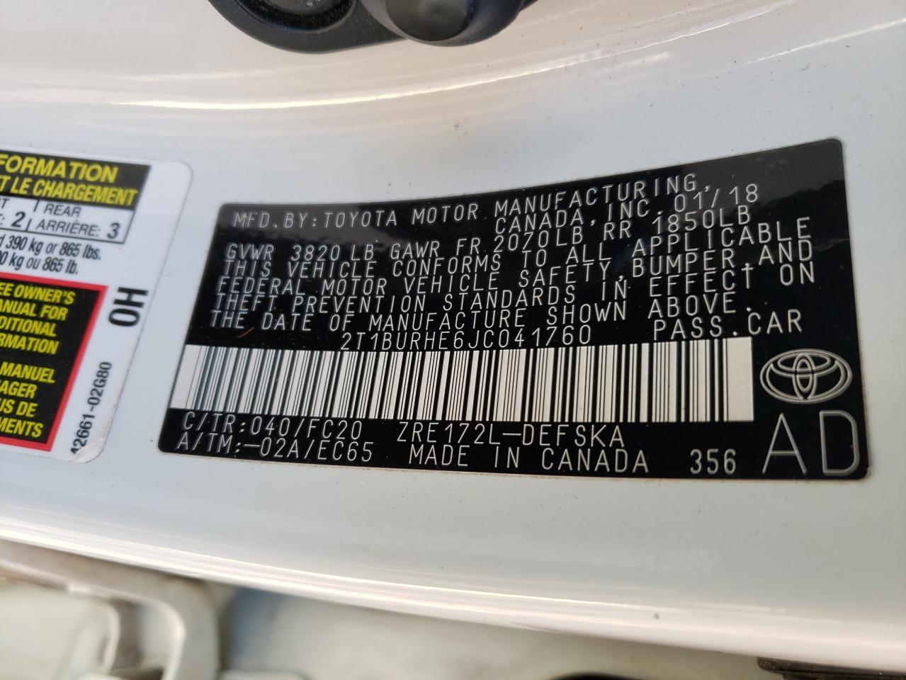 Photo 10 from auction – 2018 TOYOTA COROLLA L with VIN 2T1BURHE6JC041760