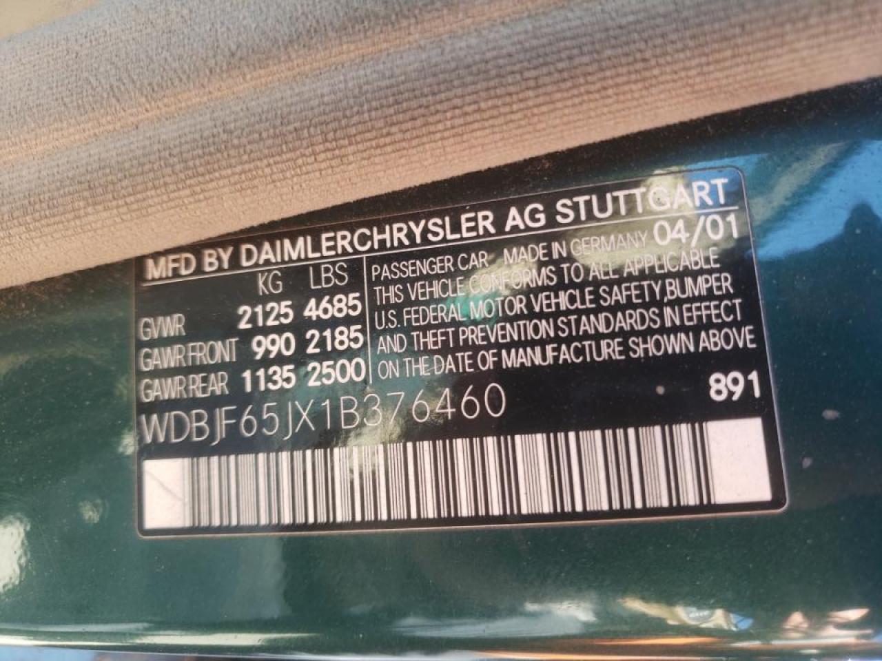 Photo 10 from auction – 2001 MERCEDES-BENZ E 320 with VIN WDBJF65JX1B376460