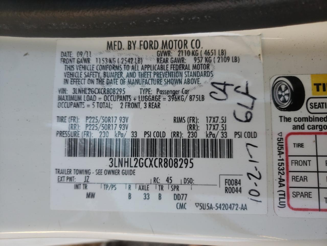 Photo 10 from auction – 2012 LINCOLN MKZ with VIN 3LNHL2GCXCR808295