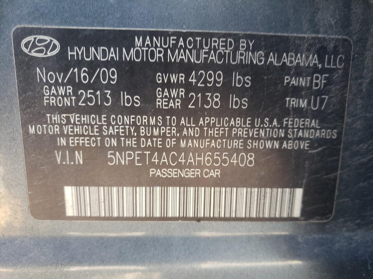 Photo 10 from auction – 2010 HYUNDAI SONATA GLS with VIN 5NPET4AC4AH655408