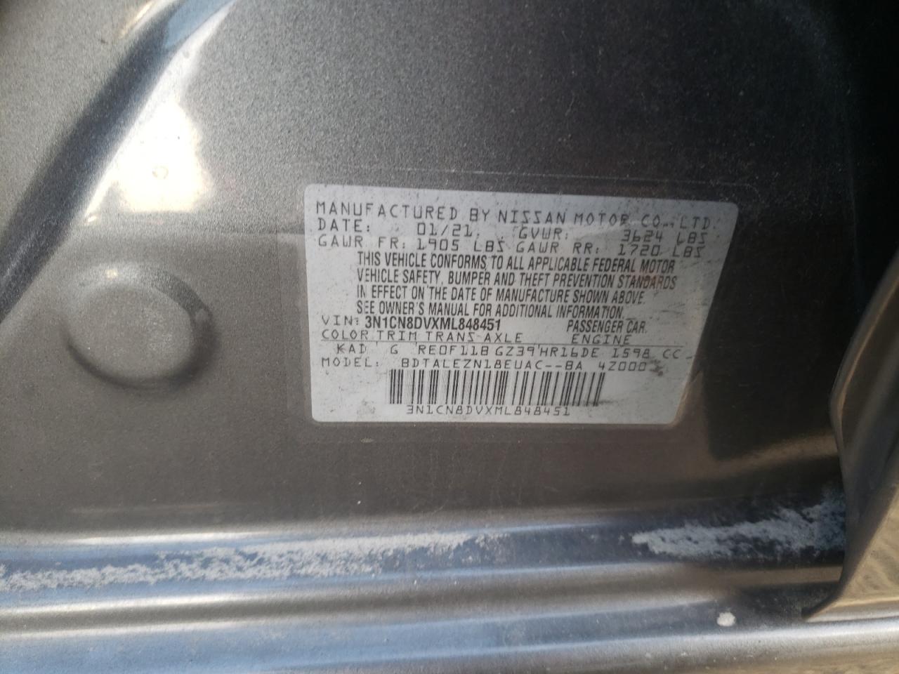 Photo 10 from auction – 2021 NISSAN VERSA S with VIN 3N1CN8DVXML848451