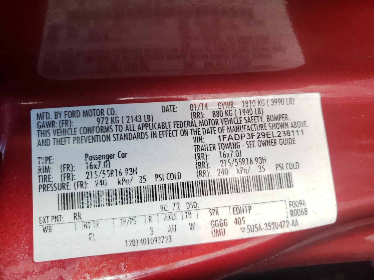 Photo 10 from auction – 2014 FORD FOCUS SE with VIN 1FADP3F29EL238111
