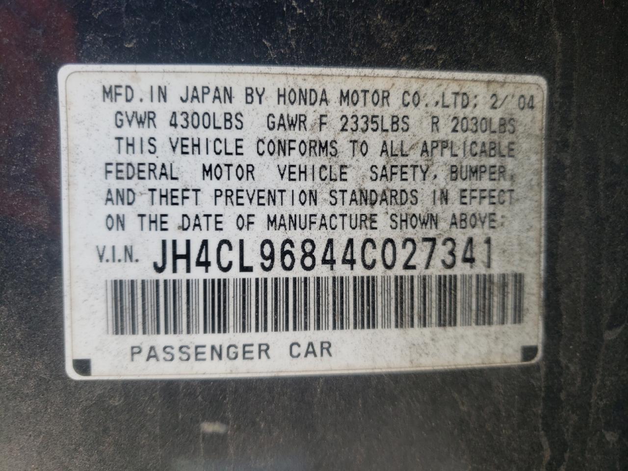 Photo 10 from auction – 2004 ACURA TSX with VIN JH4CL96844C027341