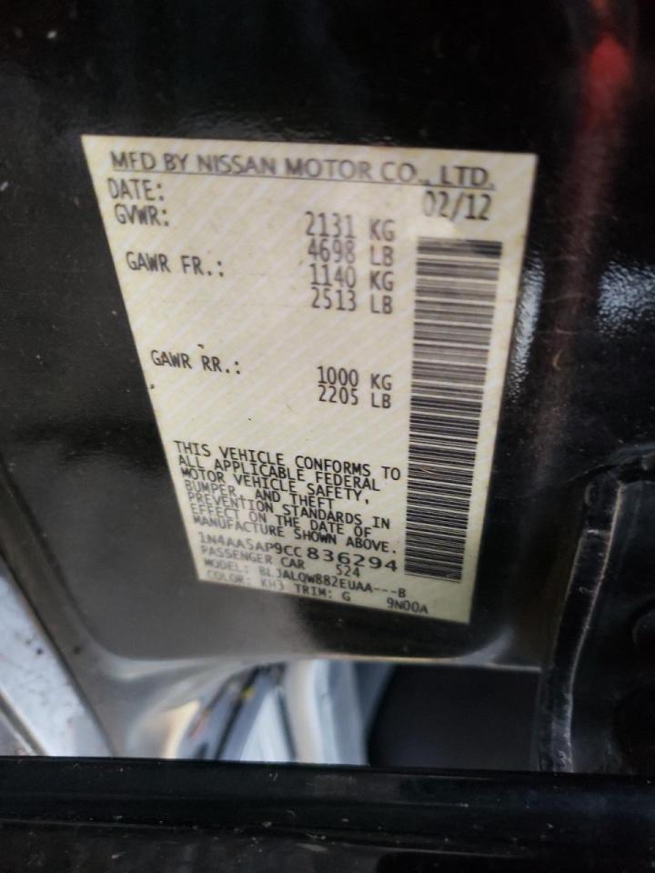 Photo 10 from auction – 2012 NISSAN MAXIMA S with VIN 1N4AA5AP9CC836294