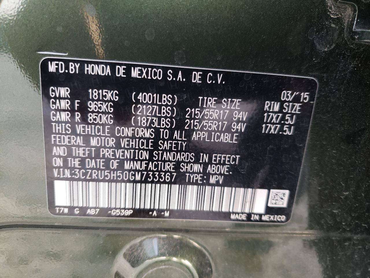 Photo 10 from auction – 2016 HONDA HR-V EX with VIN 3CZRU5H50GM733367