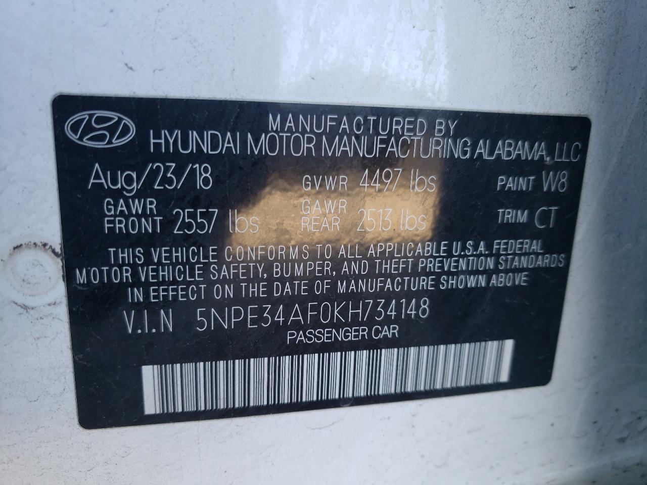 Photo 10 from auction – 2019 HYUNDAI SONATA LIM with VIN 5NPE34AF0KH734148