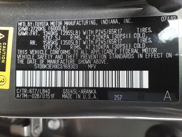 Photo 10 from auction – 2012 TOYOTA HIGHLANDER with VIN 5TDBK3EHXCS169303