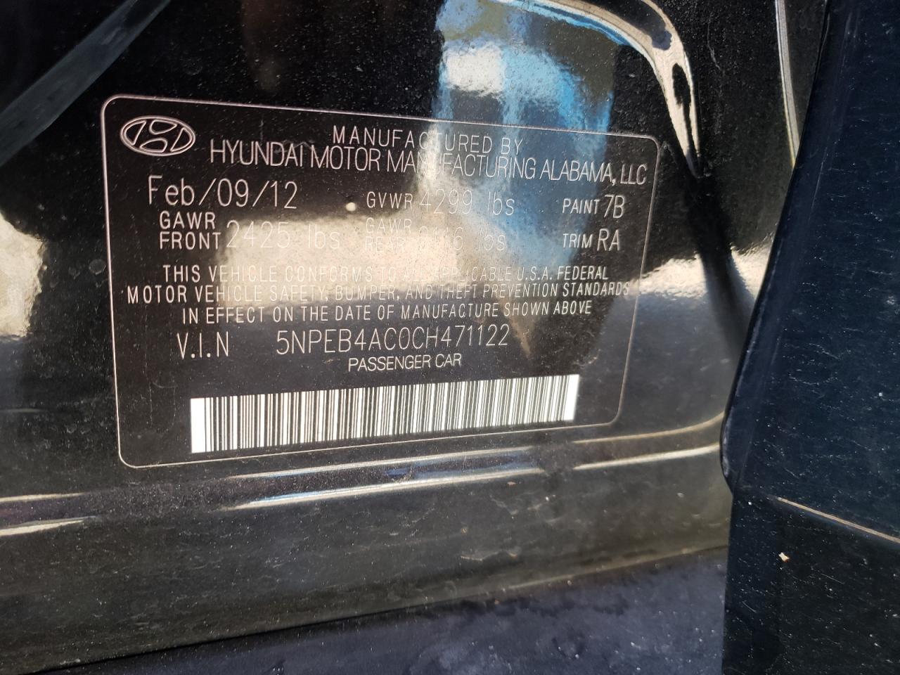 Photo 10 from auction – 2012 HYUNDAI SONATA GLS with VIN 5NPEB4AC0CH471122