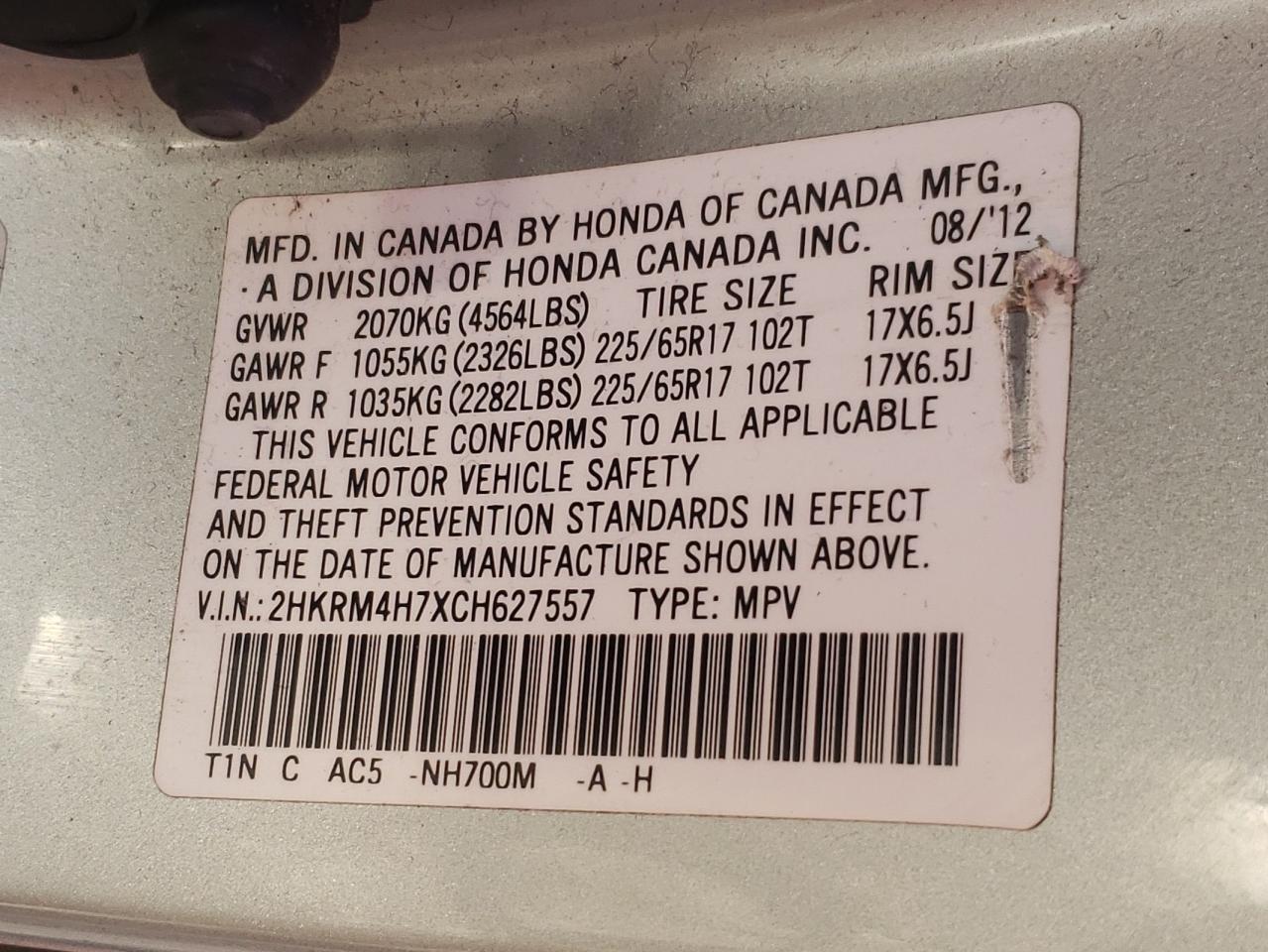 Photo 10 from auction – 2012 HONDA CR-V EXL with VIN 2HKRM4H7XCH627557