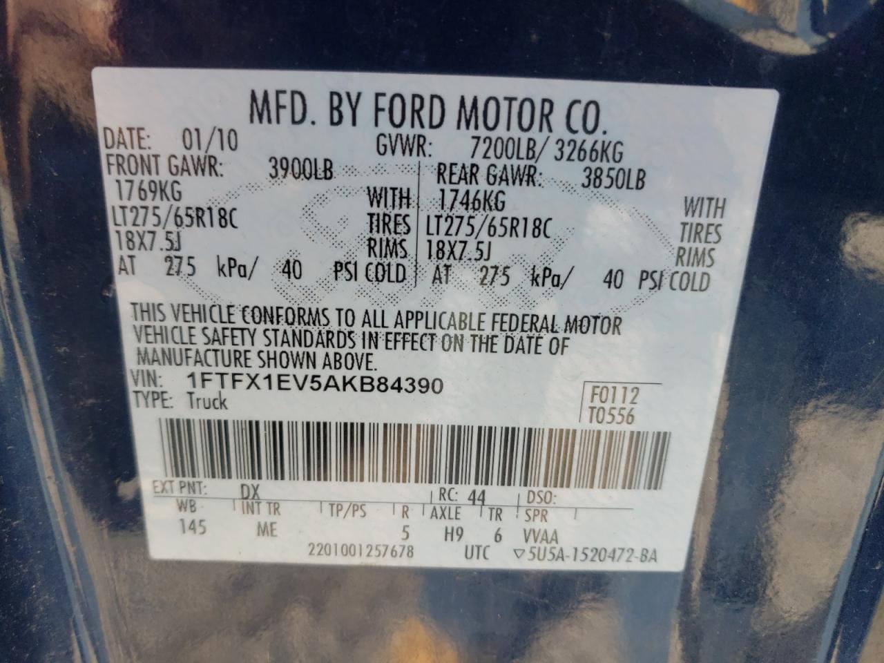 Photo 10 from auction – 2010 FORD F150 SUPER with VIN 1FTFX1EV5AKB84390