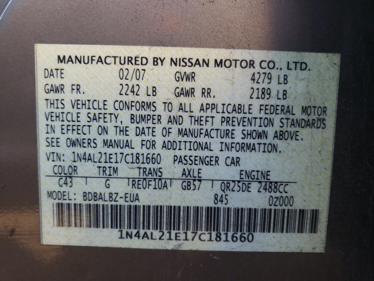 Photo 10 from auction – 2007 NISSAN ALTIMA 2.5 with VIN 1N4AL21E17C181660
