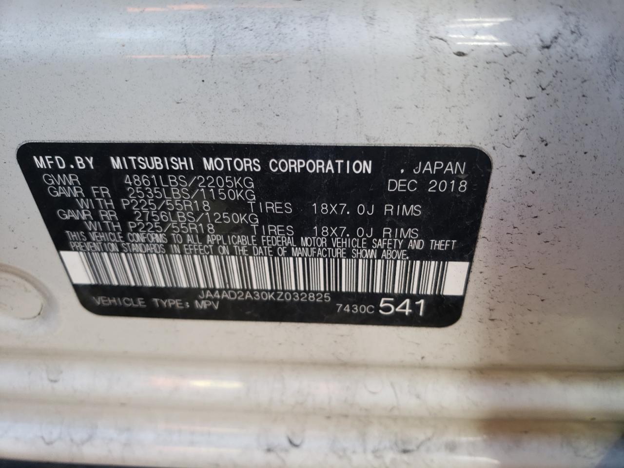 Photo 10 from auction – 2019 MITSUBISHI OUTLANDER with VIN JA4AD2A30KZ032825