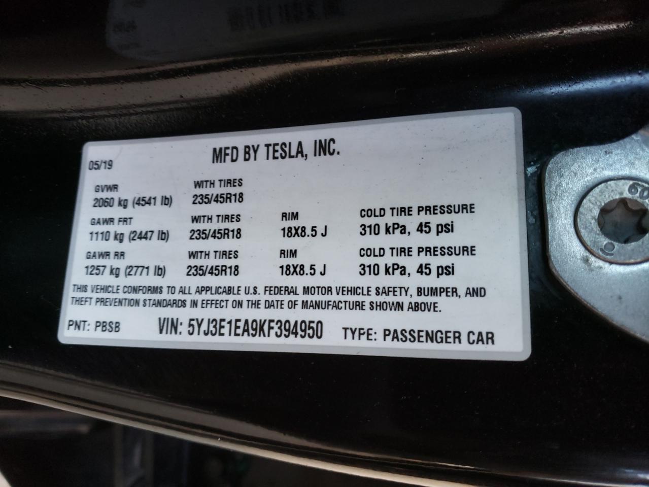 Photo 10 from auction – 2019 TESLA MODEL 3 with VIN 5YJ3E1EA9KF394950