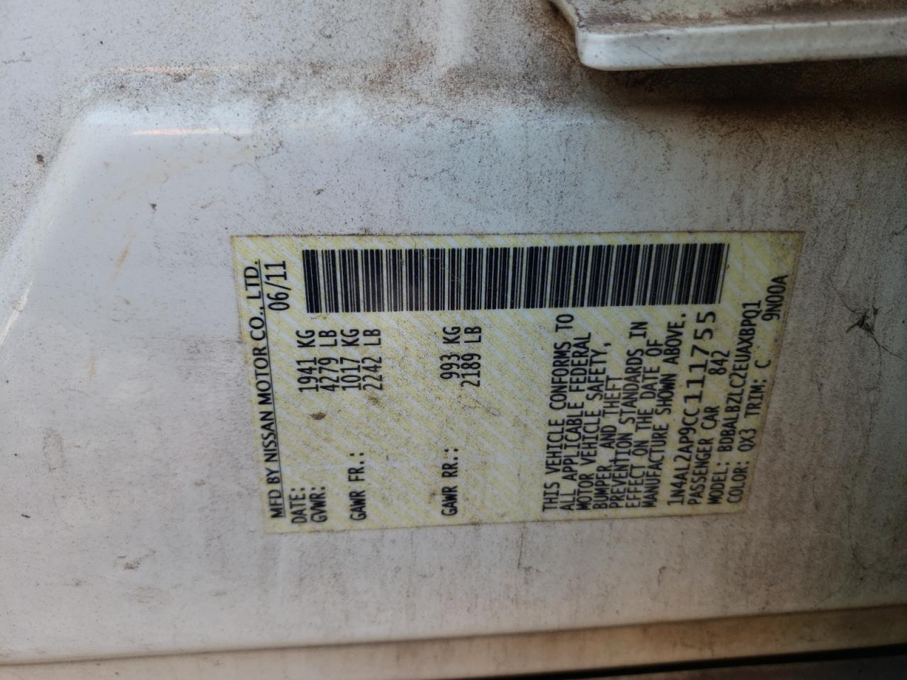 Photo 10 from auction – 2012 NISSAN ALTIMA BAS with VIN 1N4AL2AP9CC111755