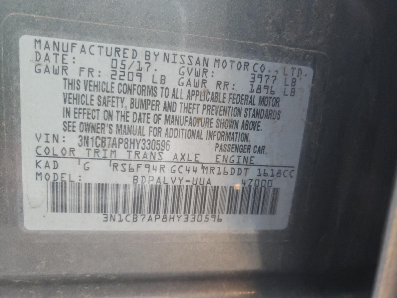 Photo 10 from auction – 2017 NISSAN SENTRA SR with VIN 3N1CB7AP8HY330596