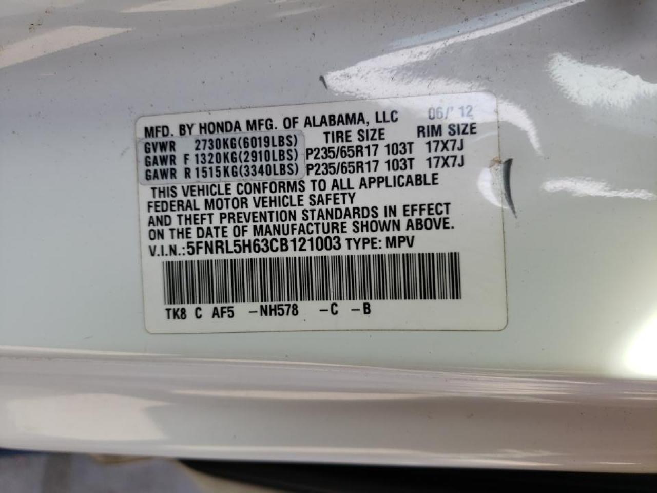 Photo 10 from auction – 2012 HONDA ODYSSEY EX with VIN 5FNRL5H63CB121003