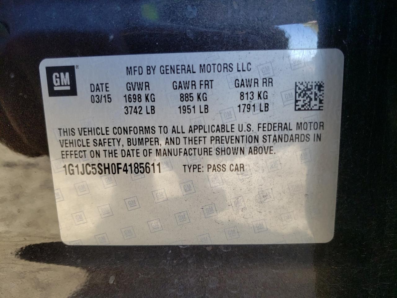Photo 10 from auction – 2015 CHEVROLET SONIC LT with VIN 1G1JC5SH0F4185611