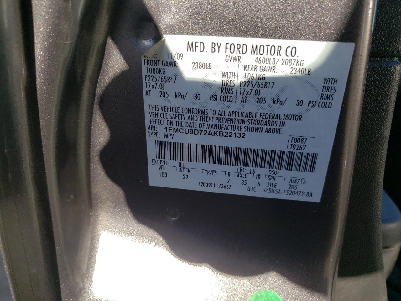 Photo 10 from auction – 2010 FORD ESCAPE XLT with VIN 1FMCU9D72AKB22132