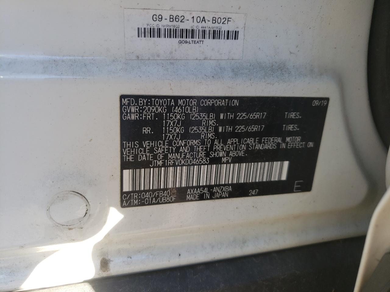 Photo 10 from auction – 2019 TOYOTA RAV4 LE with VIN JTMF1RFV0KD046583