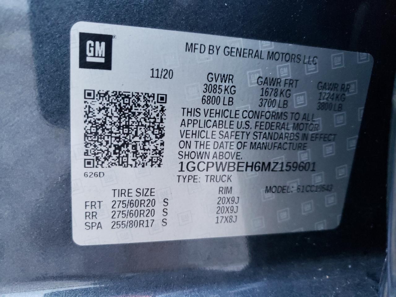 Photo 10 from auction – 2021 CHEVROLET SILVERADO with VIN 1GCPWBEH6MZ159601
