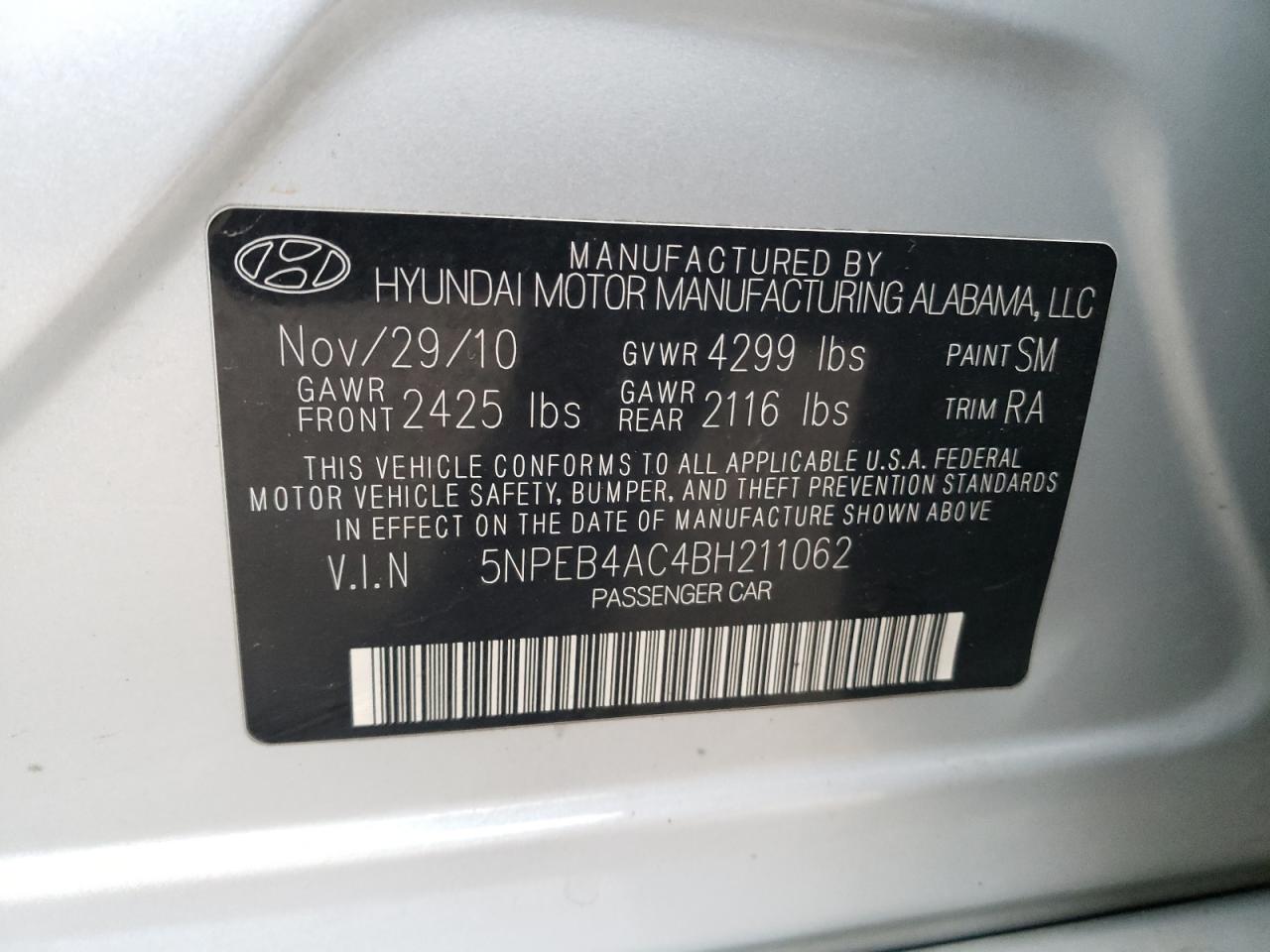 Photo 10 from auction – 2011 HYUNDAI SONATA GLS with VIN 5NPEB4AC4BH211062