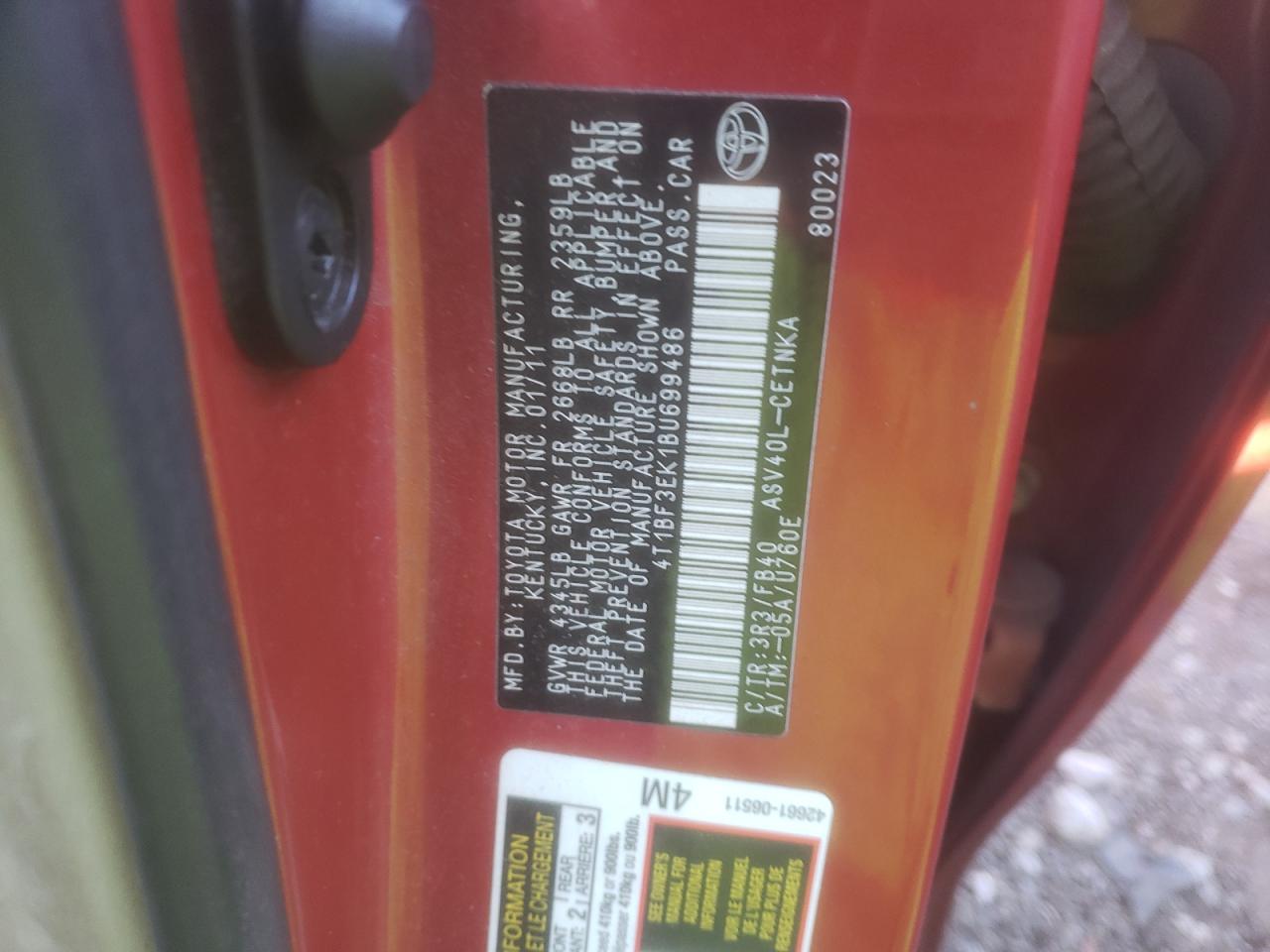 Photo 10 from auction – 2011 TOYOTA CAMRY BASE with VIN 4T1BF3EK1BU699486