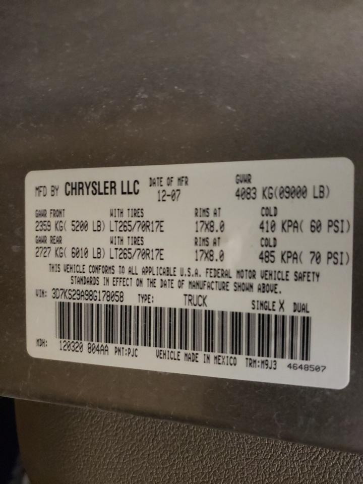 Photo 10 from auction – 2008 DODGE RAM 2500 with VIN 3D7KS29A98G178058