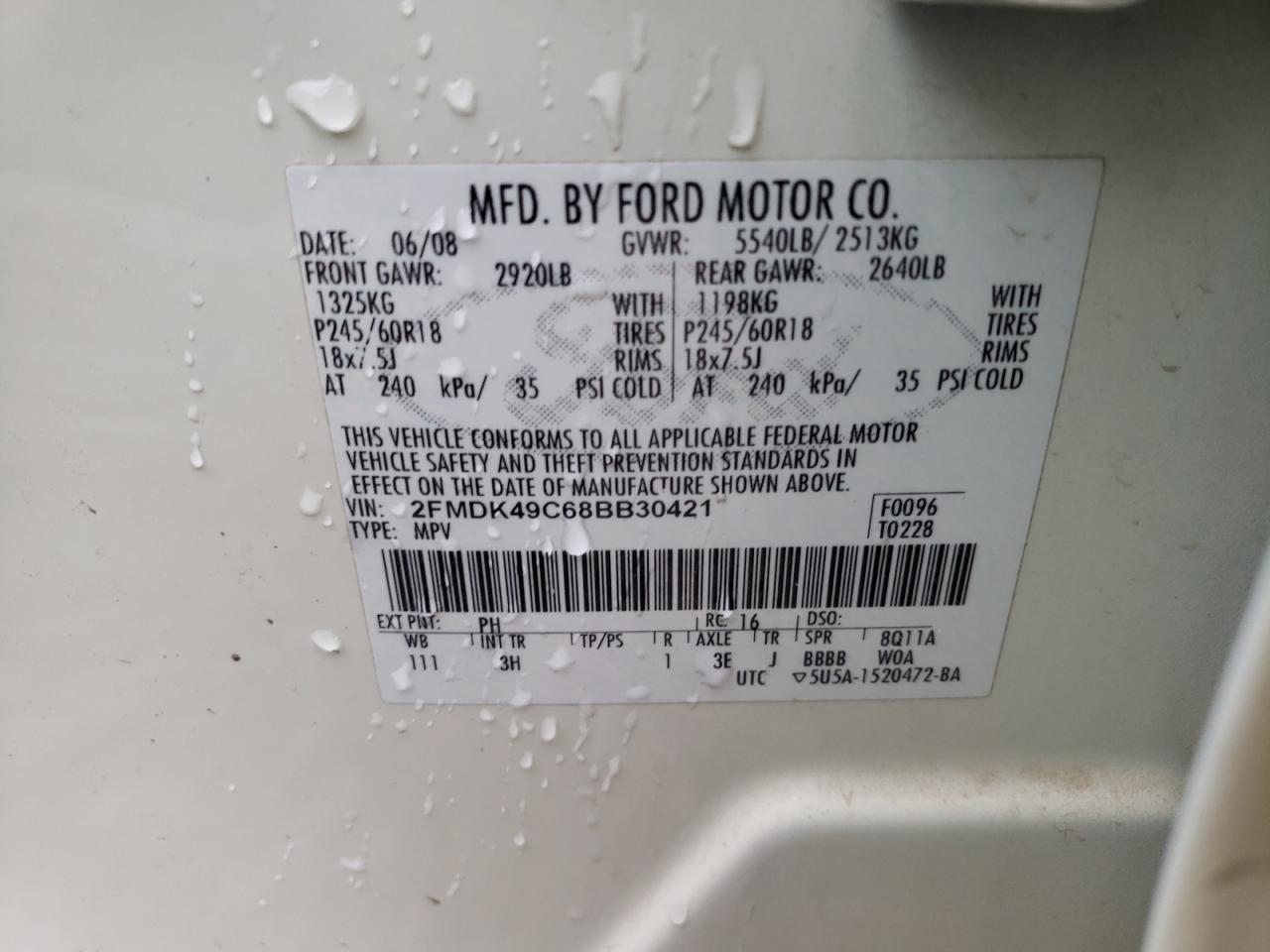 Photo 10 from auction – 2008 FORD EDGE LIMIT with VIN 2FMDK49C68BB30421
