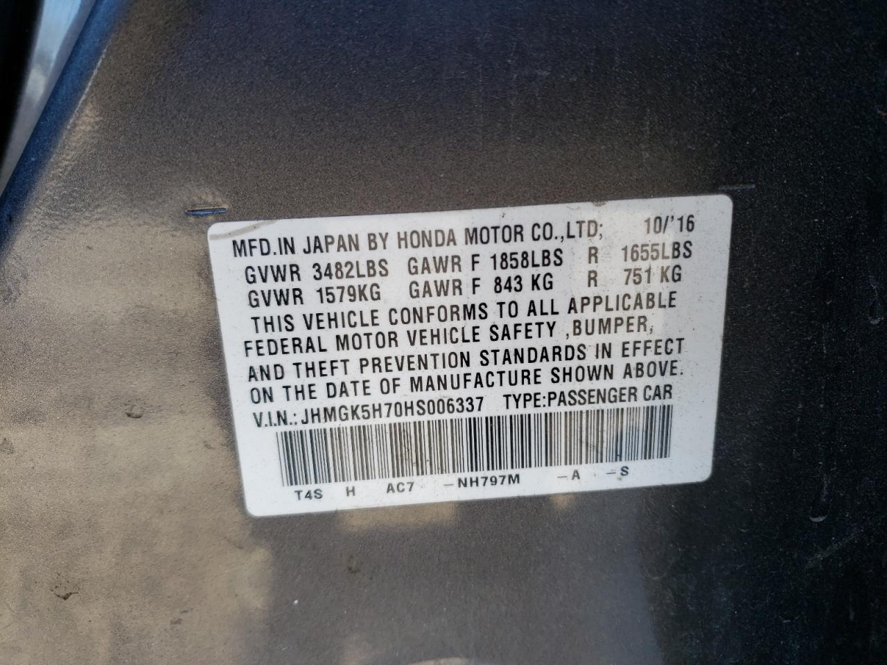 Photo 10 from auction – 2017 HONDA FIT EX with VIN JHMGK5H70HS006337