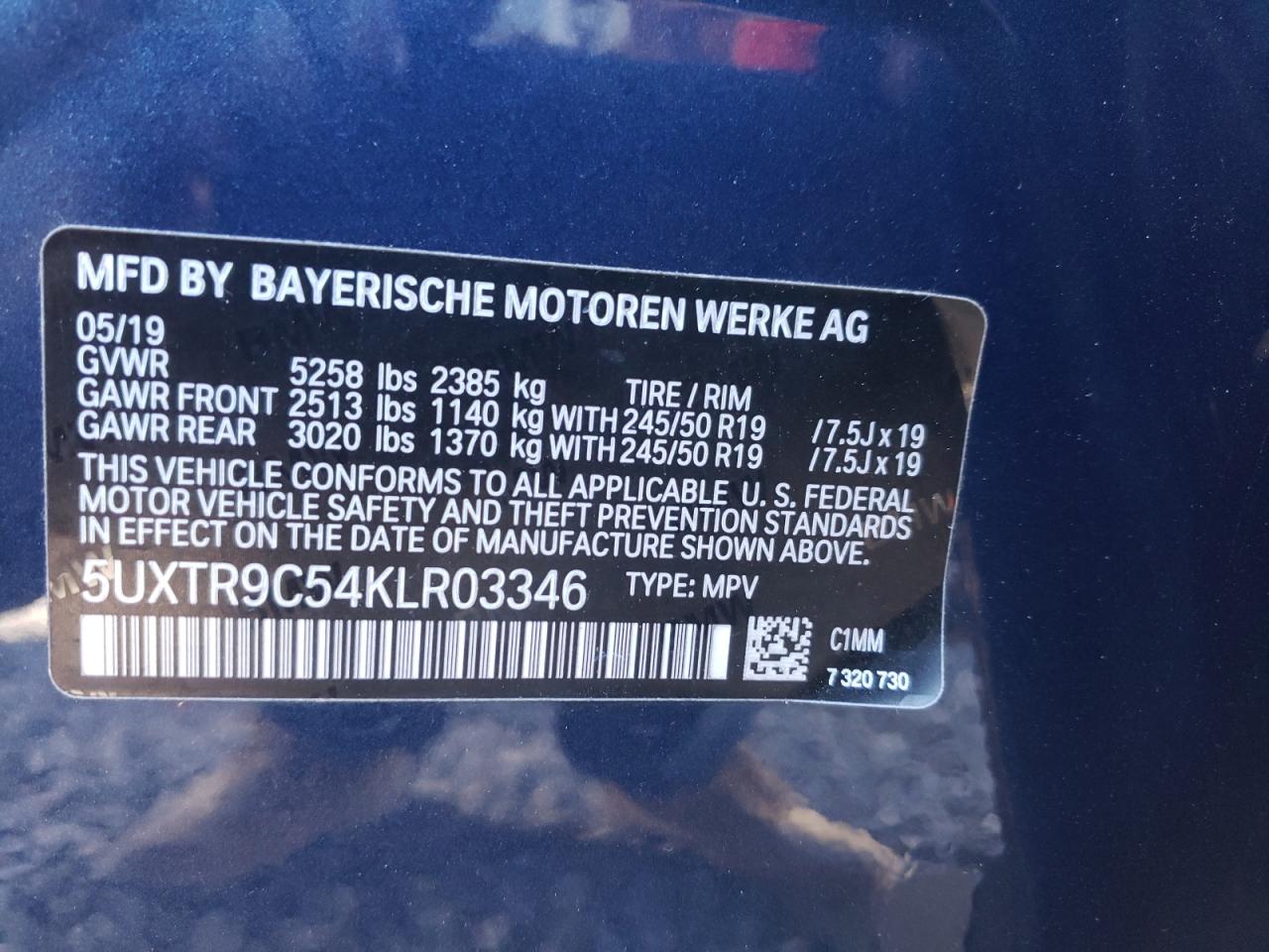 Photo 10 from auction – 2019 BMW X3 XDRIVE3 with VIN 5UXTR9C54KLR03346