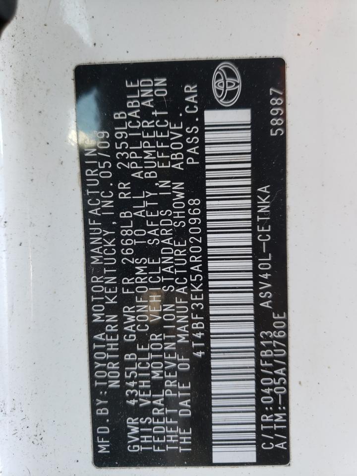 Photo 10 from auction – 2010 TOYOTA CAMRY BASE with VIN 4T4BF3EK5AR020968