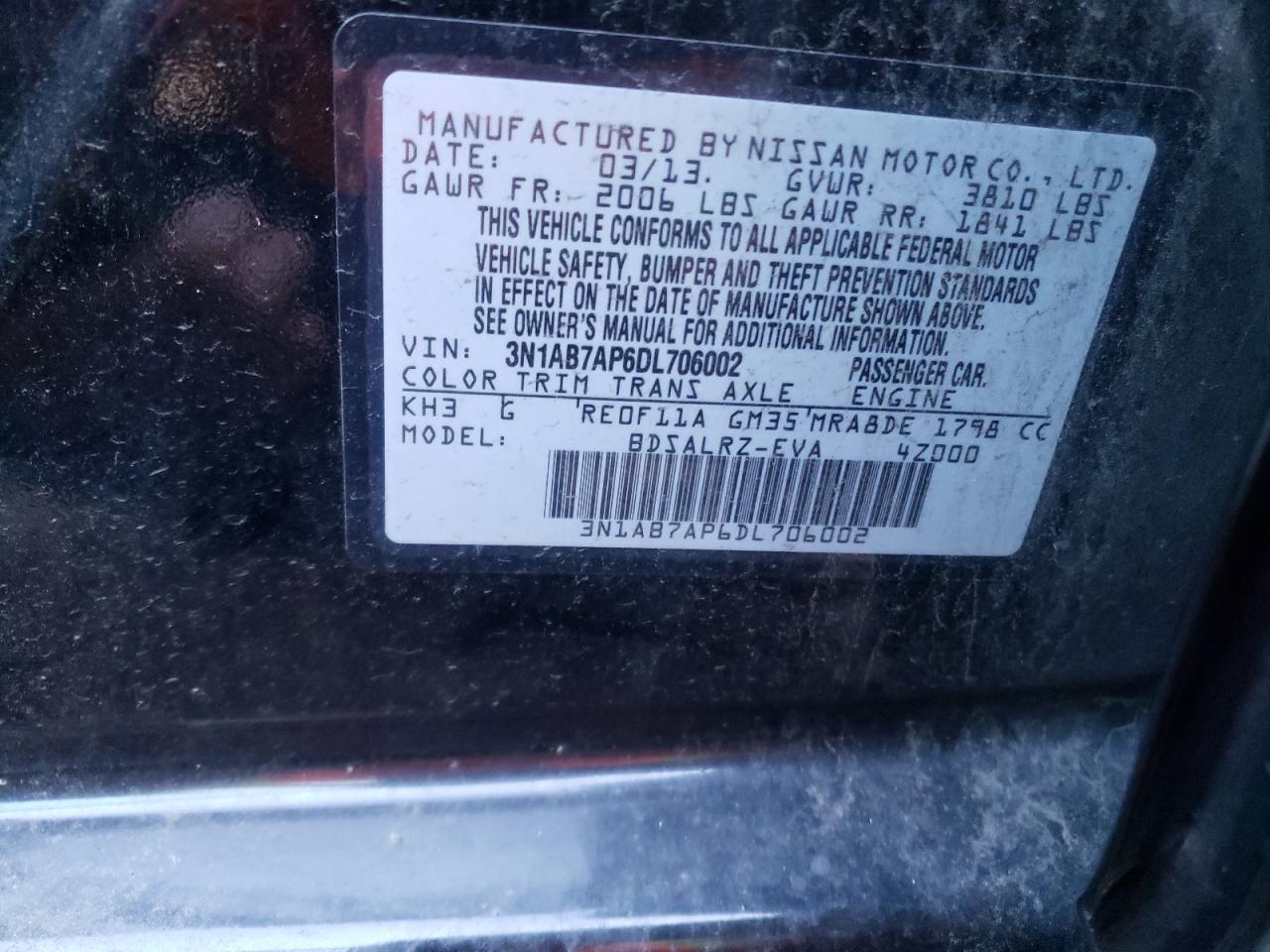 Photo 10 from auction – 2013 NISSAN SENTRA S with VIN 3N1AB7AP6DL706002