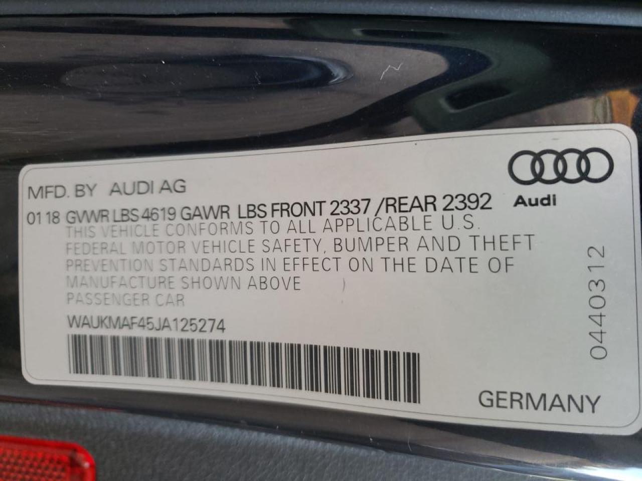 Photo 10 from auction – 2018 AUDI A4 PREMIUM with VIN WAUKMAF45JA125274