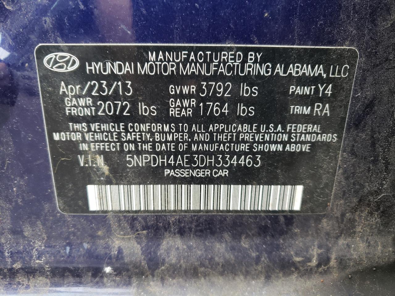 Photo 10 from auction – 2013 HYUNDAI ELANTRA with VIN 5NPDH4AE3DH334463