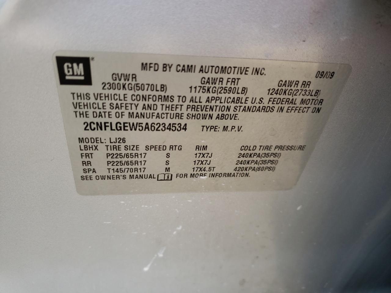 Photo 10 from auction – 2010 CHEVROLET EQUINOX LT with VIN 2CNFLGEW5A6234534