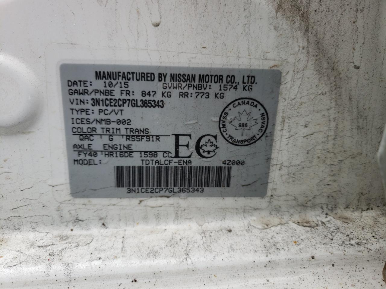 Photo 10 from auction – 2016 NISSAN VERSA NOTE with VIN 3N1CE2CP7GL365343