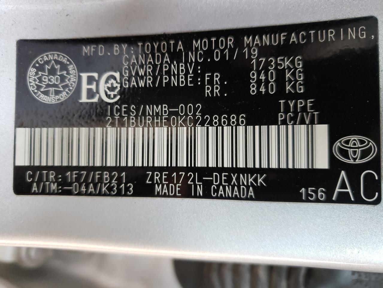 Photo 10 from auction – 2019 TOYOTA COROLLA L with VIN 2T1BURHE0KC228686