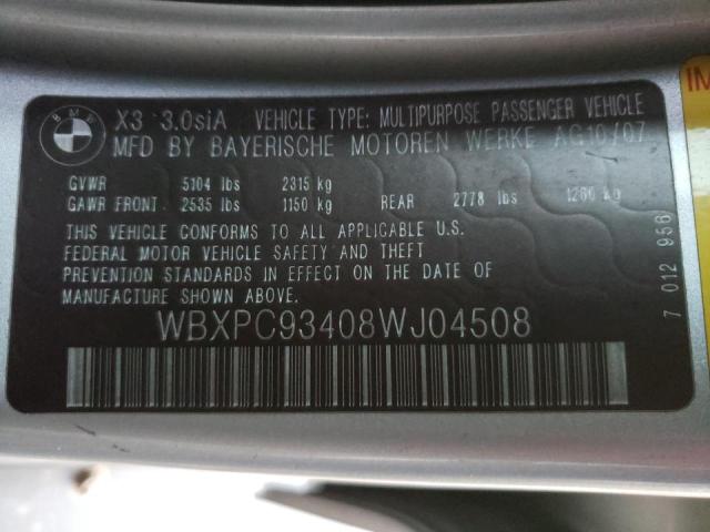 Photo 10 from auction – 2008 BMW X3 3.0SI with VIN WBXPC93408WJ04508