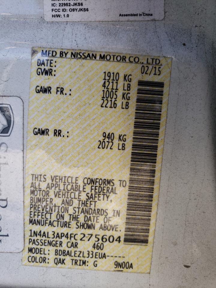 Photo 10 from auction – 2015 NISSAN ALTIMA 2.5 with VIN 1N4AL3AP4FC275604